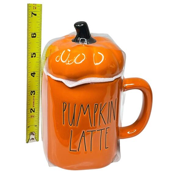Rae Dunn Ceramic Spice Coffee Mug & Pumpkin Topper Cover Lid Orange Black New - Picture 3 of 5